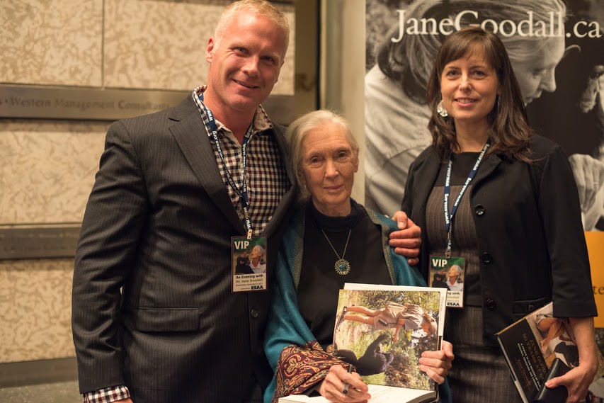 photo of Spencer Sekyer, his wife Dr. Christie MacDonald and Dr. Jane Goodall